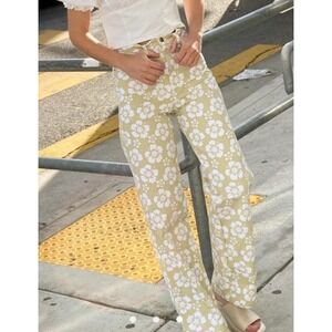 Holiday The Label Jeans Womens 34 Cream White Floral‎ Wide Leg High Rise Retro
